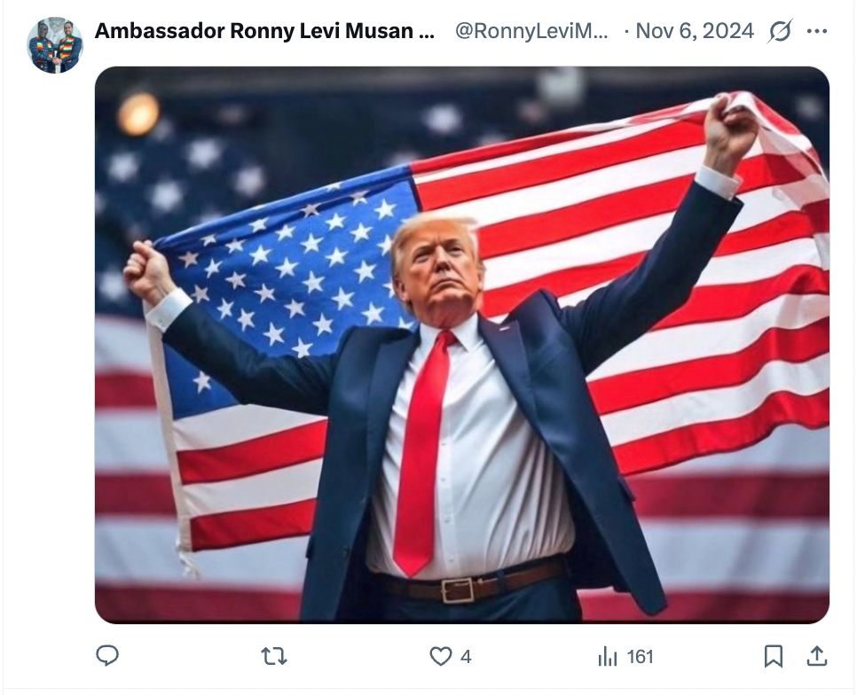 AI-generated image of Trump holding an American flag
