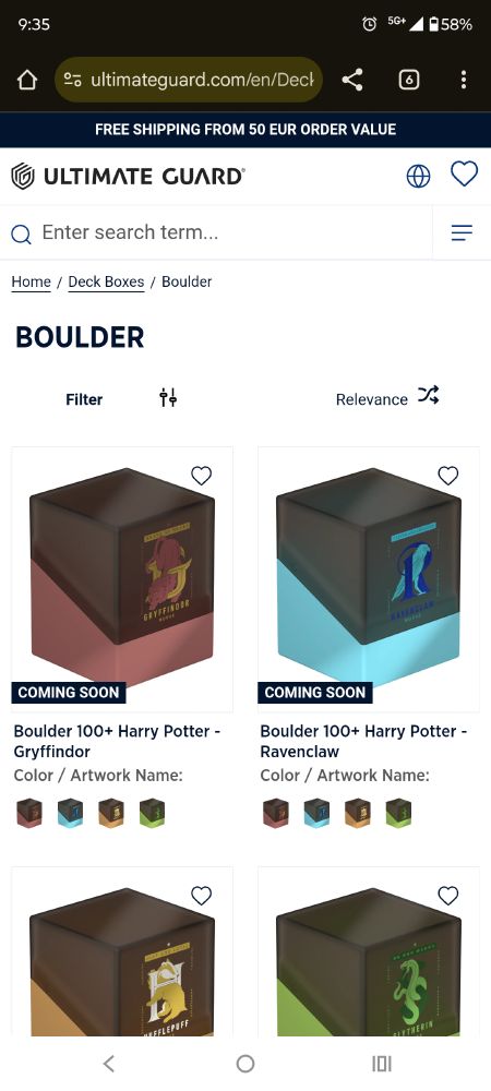 A screenshot from the Ultimate Guard website, featuring 4 Harry Potter themed deck boxes labeled "coming soon"