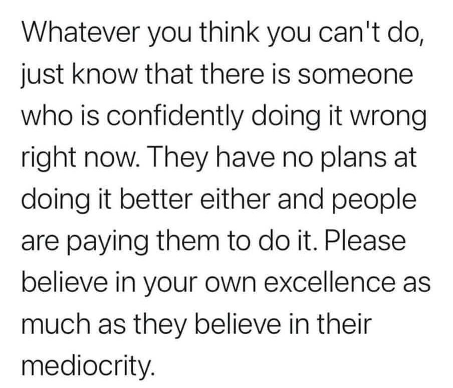 Image says: Whatever you think you can’t do, just know that there is someone who is confidently doing it wrong right now. They have no plans at doing it better either and people are paying them to do it. Please believe in your own excellence as much as they believe in their mediocrity.”