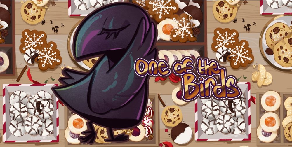 a toony crow holds a wing up to its face in a coy or elegant way.  in the background is a seamless pattern of cookie trays on a table.  "One of The Birds" is written in gold text.