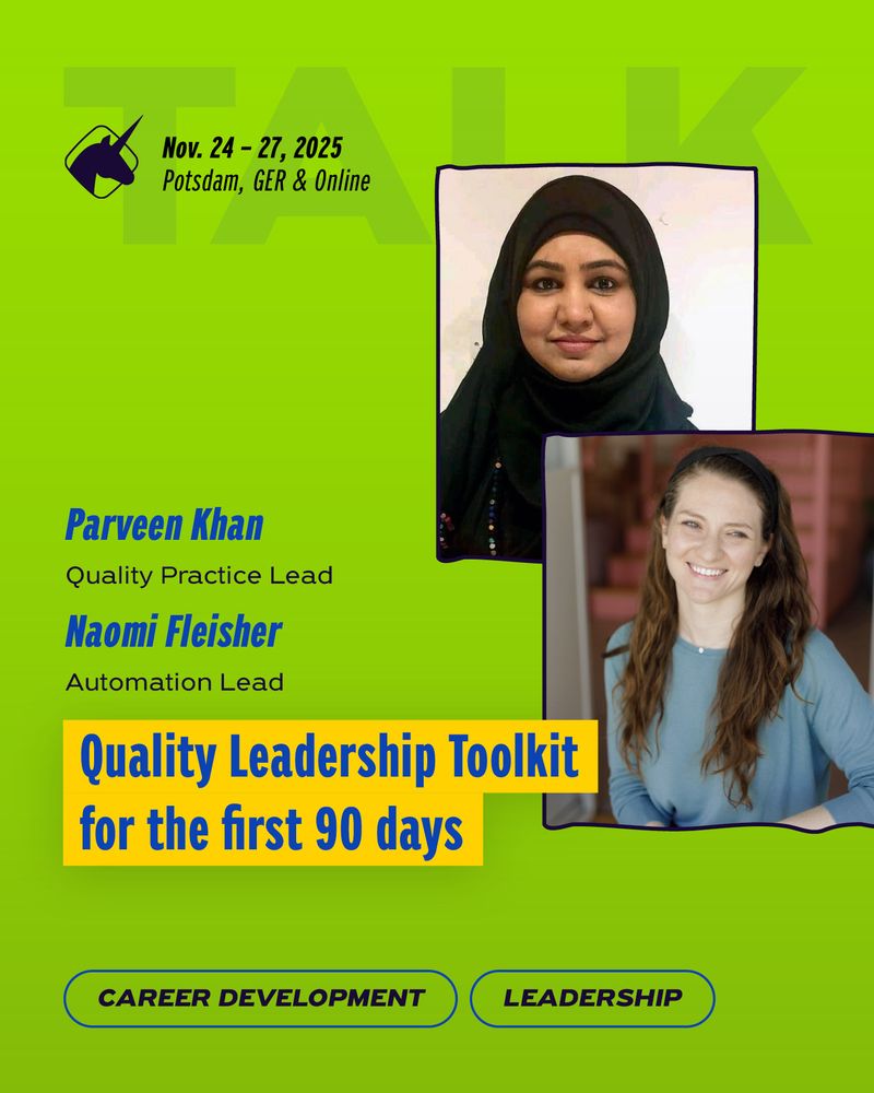 banner to promote the talk by Parveen Khan and Naomi Fleisher at the agile testing days 2025, showing their pictures and the session title "Quality Leadership toolkit for the first 90 days"