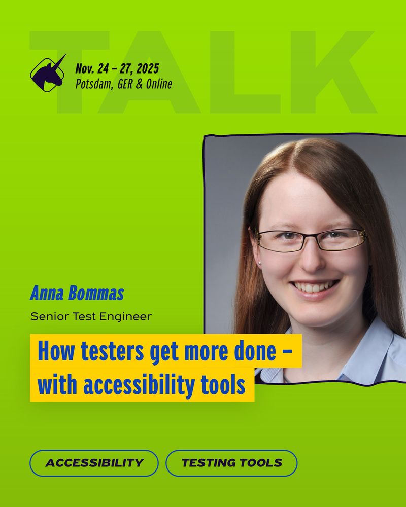 banner to promote the talk by Anna Bommas at the agile testing days 2025, showing Annas picture and the session title "How Testers get more done - with accessibility tools"