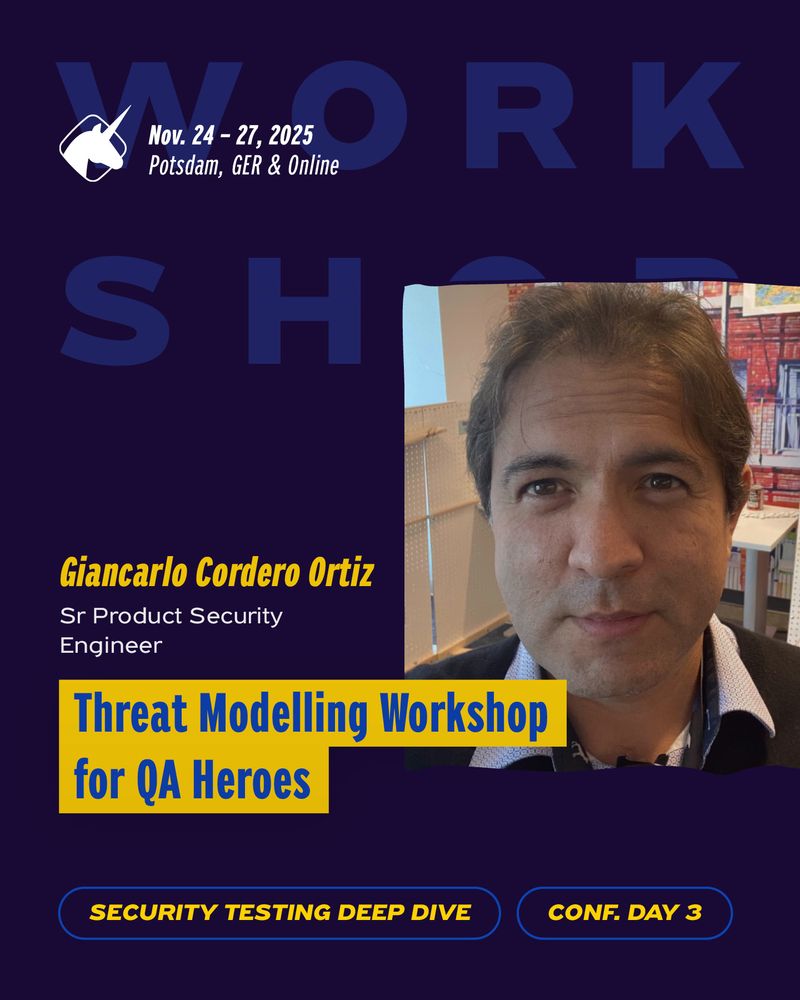 banner promoting the Agile Testing Days Workshop by Giancarlo Cordero Ortiz, showing his picture and the title: "Threat Modelling Workshop for QA heroes".
