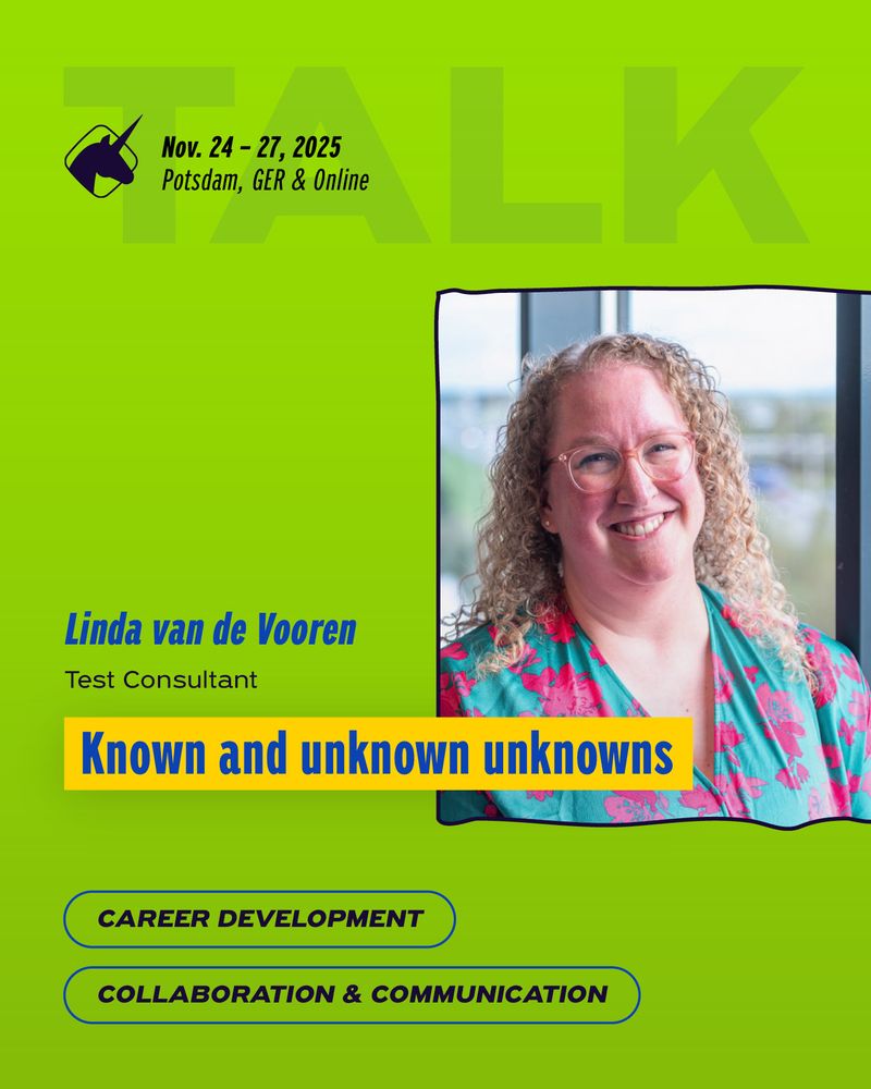 banner to promote the talk by Linda van de Vooren at the agile testing days 2025, showing her picture and the session title "Known and unknown unknowns"