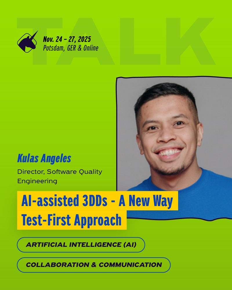 banner to promote the talk by Kulas Angeles at the agile testing days 2025, showing Kulas' picture and the session title "Ai-assisted 3DDs - a new way test-first approach"