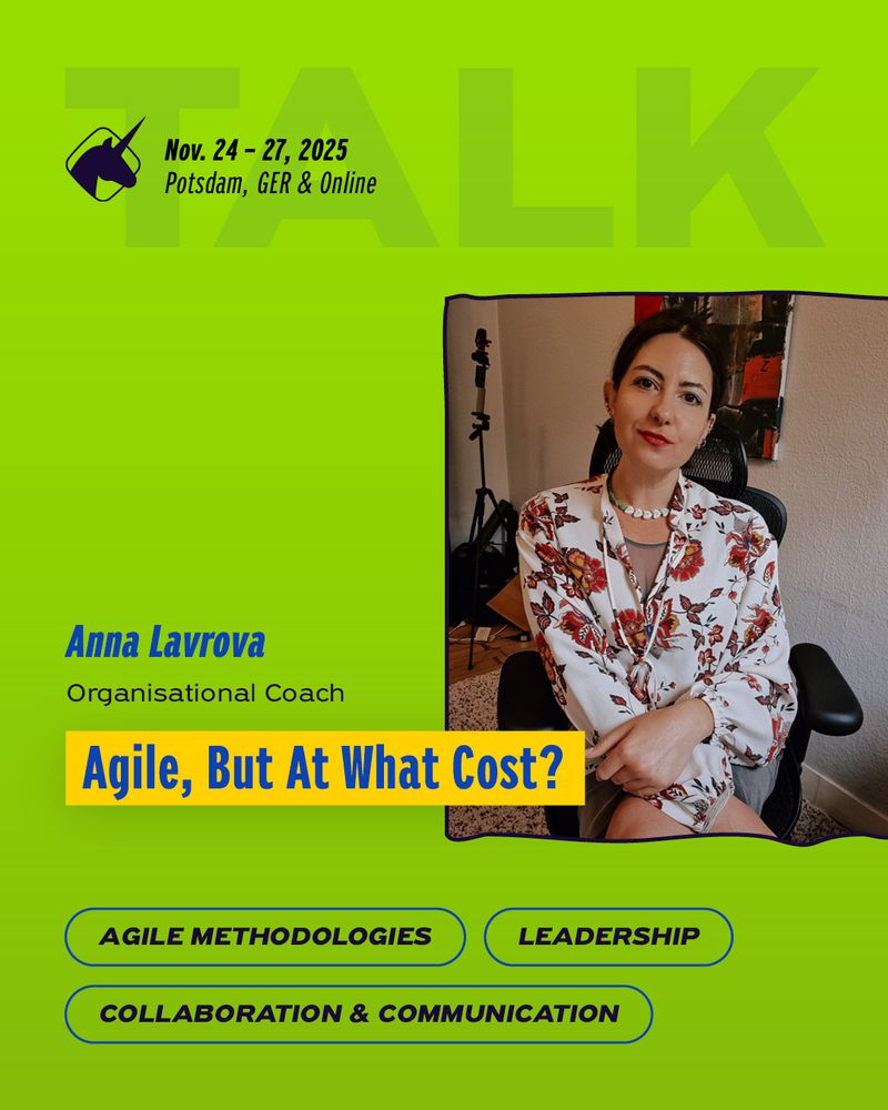 banner to promote the talk by Anna Lavrova at the agile testing days 2025, showing Annas picture and the session title "Agile, but at what cost?"