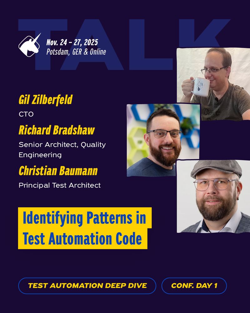 graphic showing 3 Agile Testing Days speakers with their names and the talk they are giving in November at the event. "Identifying Patterns in test automation code"