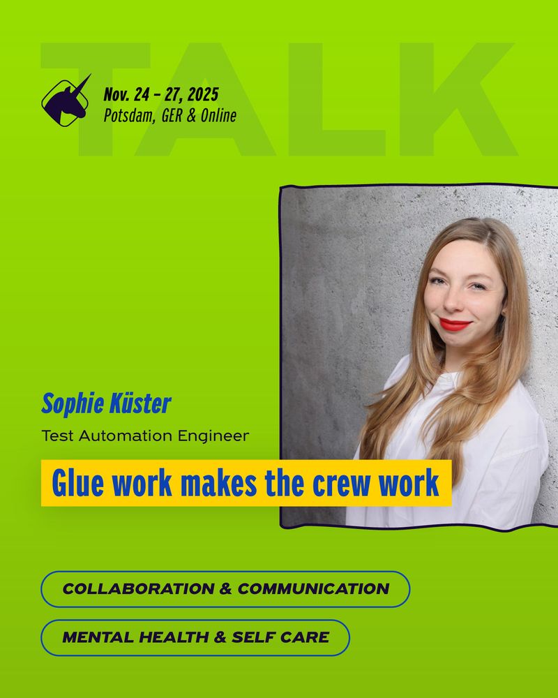 banner to promote the talk by Sophie Küster at the agile testing days 2025, showing Sophie's picture and the session title "Glue work makes the crew work"