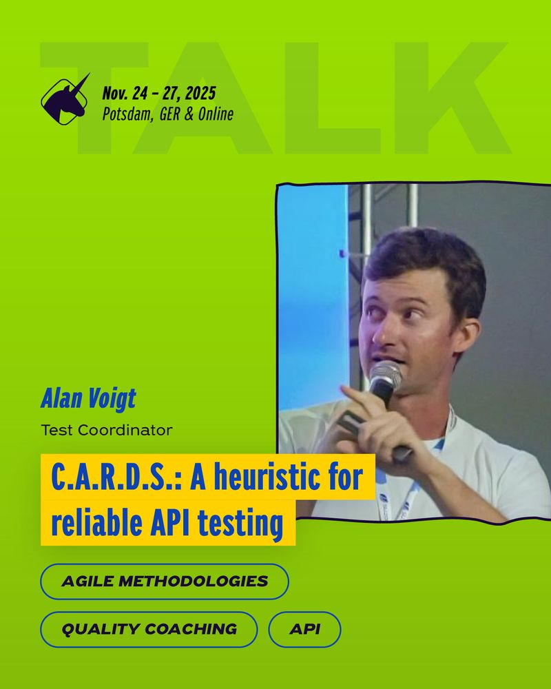 banner to promote the talk by Alan Voigt at the agile testing days 2025, showing his picture and the session title "CARDS: A heuristic for reliable API testing"
