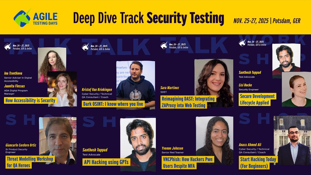 🔐 Ready to dive deep into security testing?

Join us onsite at Agile Testing Days 2025 (Nov 25–27, Potsdam 🇩🇪) for a 3-day Security Testing Deep Dive!

🚀 From bypassing MFA to hacking APIs with GPTs – this is for testers, devs & security pros who want to level up.

#AgileTD #SecurityTesting #DevSecOps #QA #CyberSecurity #InclusiveSecurity