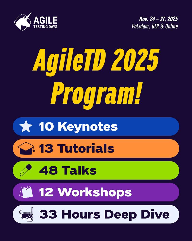 Agile Testing Days 2025 will feature 10 Keynotes, 13 Tutorials, 48 Talks, 12 Workshops + 33 hours Deep Dive tracks, covering security testing, ai and test automation as deep dive topics