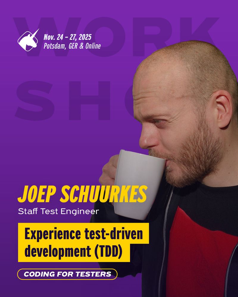 banner promoting a workshop of the Agile Testing Days, banner shows the picture of the speake Joep Schuurkes and teh session title "Experience test-driven development (TDD)"