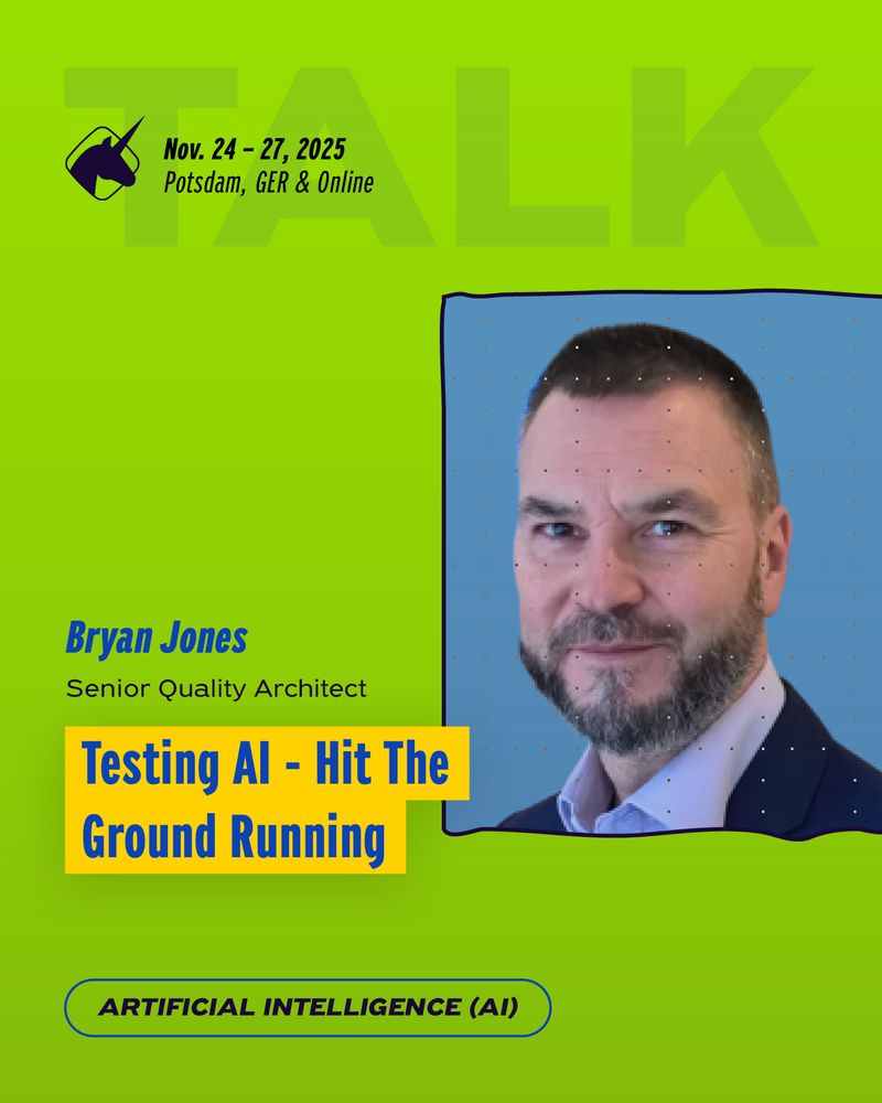 banner to promote the talk by Bryan Jones at the agile testing days 2025, showing his picture and the session title "Testing AI - Hit the ground running"