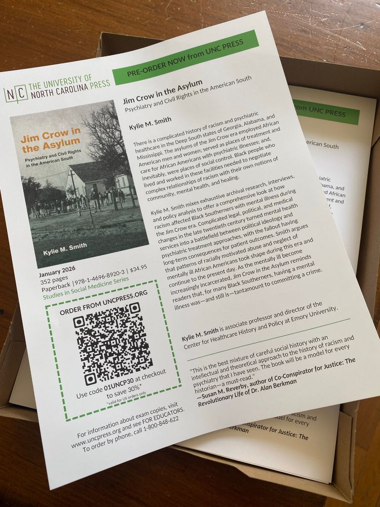 A flyer for a book called Jim Crow in the Asylum: Psychiatry and Civil Rights in the American South 