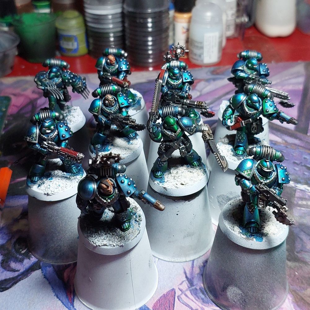 10 space marines in various states of doneness