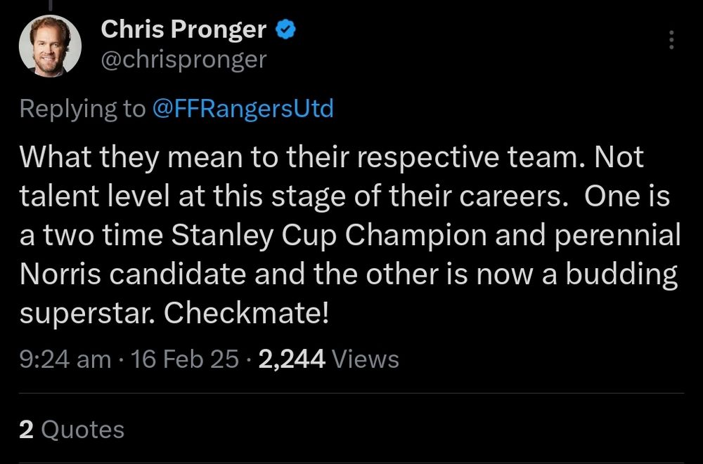 screenshot of Chris Pronger tweet stating "What they mean to their respective team. Not talent level at this stage of their careers. One is a two time Stanley Cup Champion and perennial Norris candidate and the other is now a budding superstar. Checkmate!"
