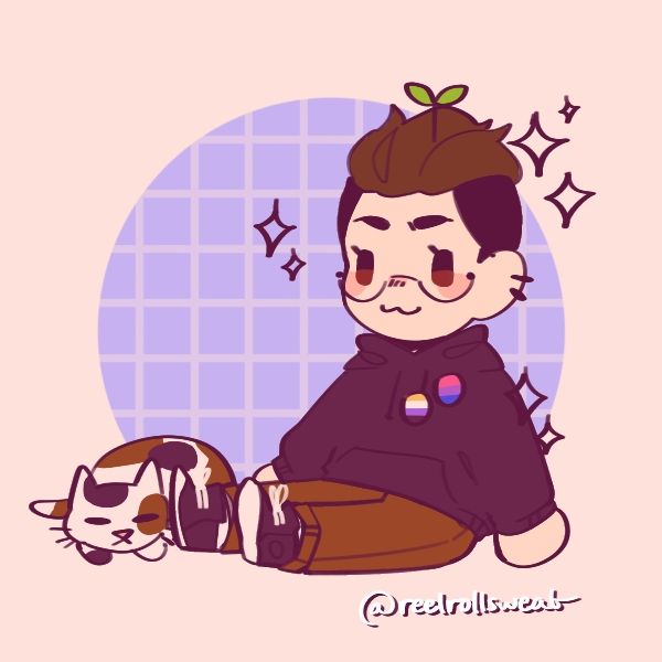 Un dibujo que a la izquierda sale un chibi sentado con carita de :3, sudadera y pantalones largos con una plantita en la cabeza. A su lado derecho hay un gato tricolor hecho una bolita durmiendo