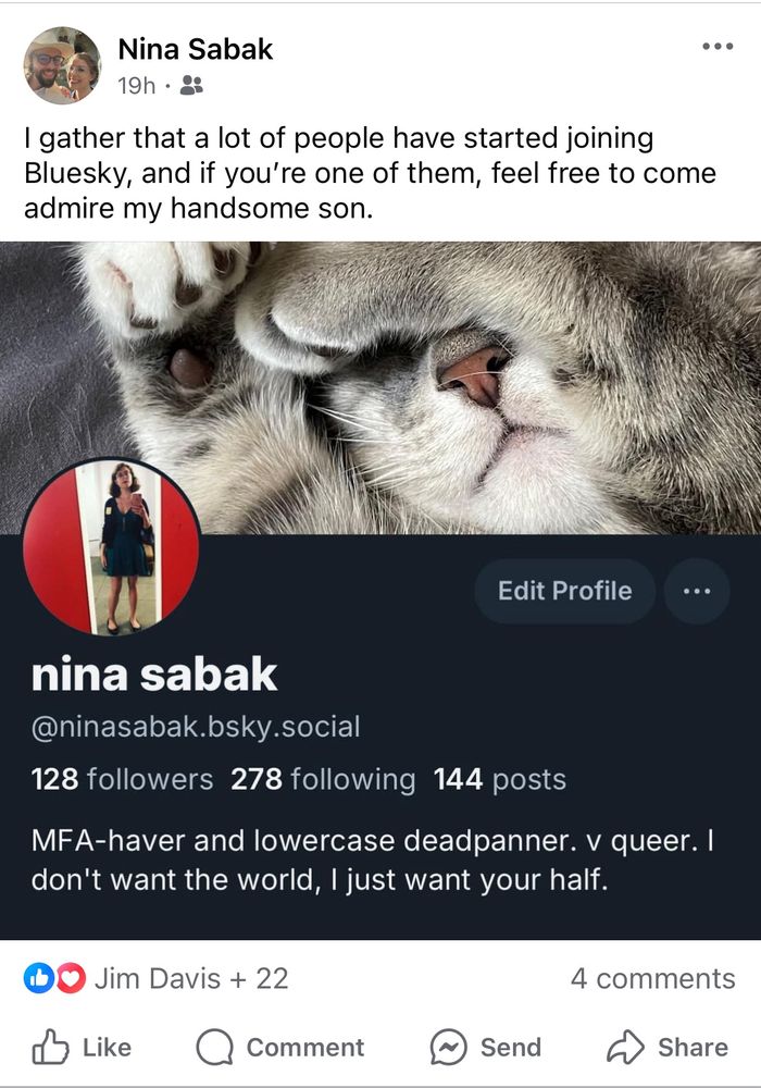 Screenshot of a Facebook post reading “I gather that a lot of people have started joining Bluesky, and if you’re one of them, feel free to come admire my handsome son.” Attached is a screen grab of the author’s Bluesky profile, featuring a handsome gray tabby in the cover photo. 