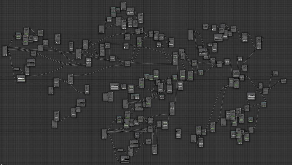 Blender's compositor with the different render layers and all the added effects. It's mostly experimental and I switch the order of the layers and change the value of the effects based on what each shot requires.