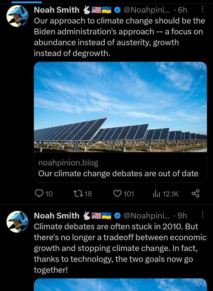 A pair of Noah Smith's batshit tweets about solar panels and degrowth.