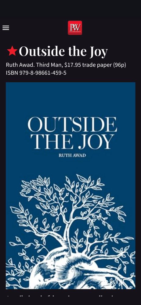 A screenshot of the Publisher's Weekly site showing the cover for OUTSIDE THE JOY