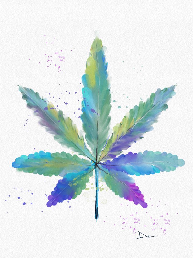 Watercolor painting of a marijuana leaf