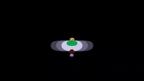 a girl is standing in a dark room with a flower in the middle of the screen .