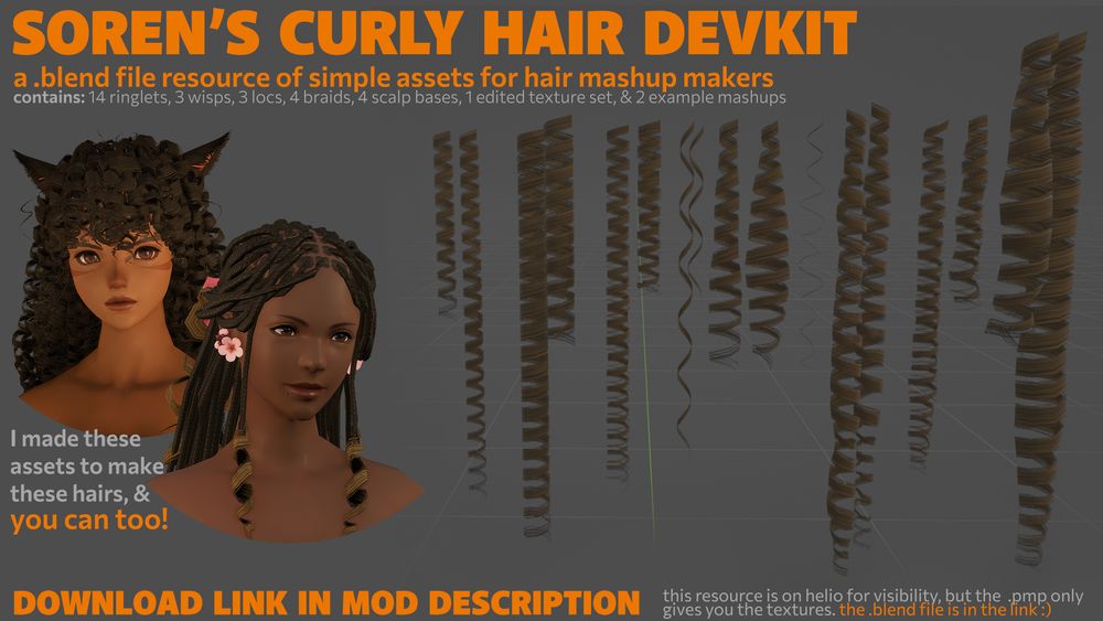 A preview of a resource for modders of an mmorpg. A variety of ringlets are displayed on the right, and two women are on the left wearing hairstyles made from the resource.