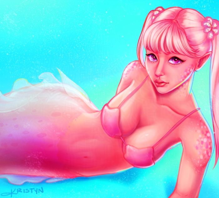 A mermaid with a pink tail and light pink hair in high ponytails leaning on her side. She's in all shades of pink against a bright blue background.