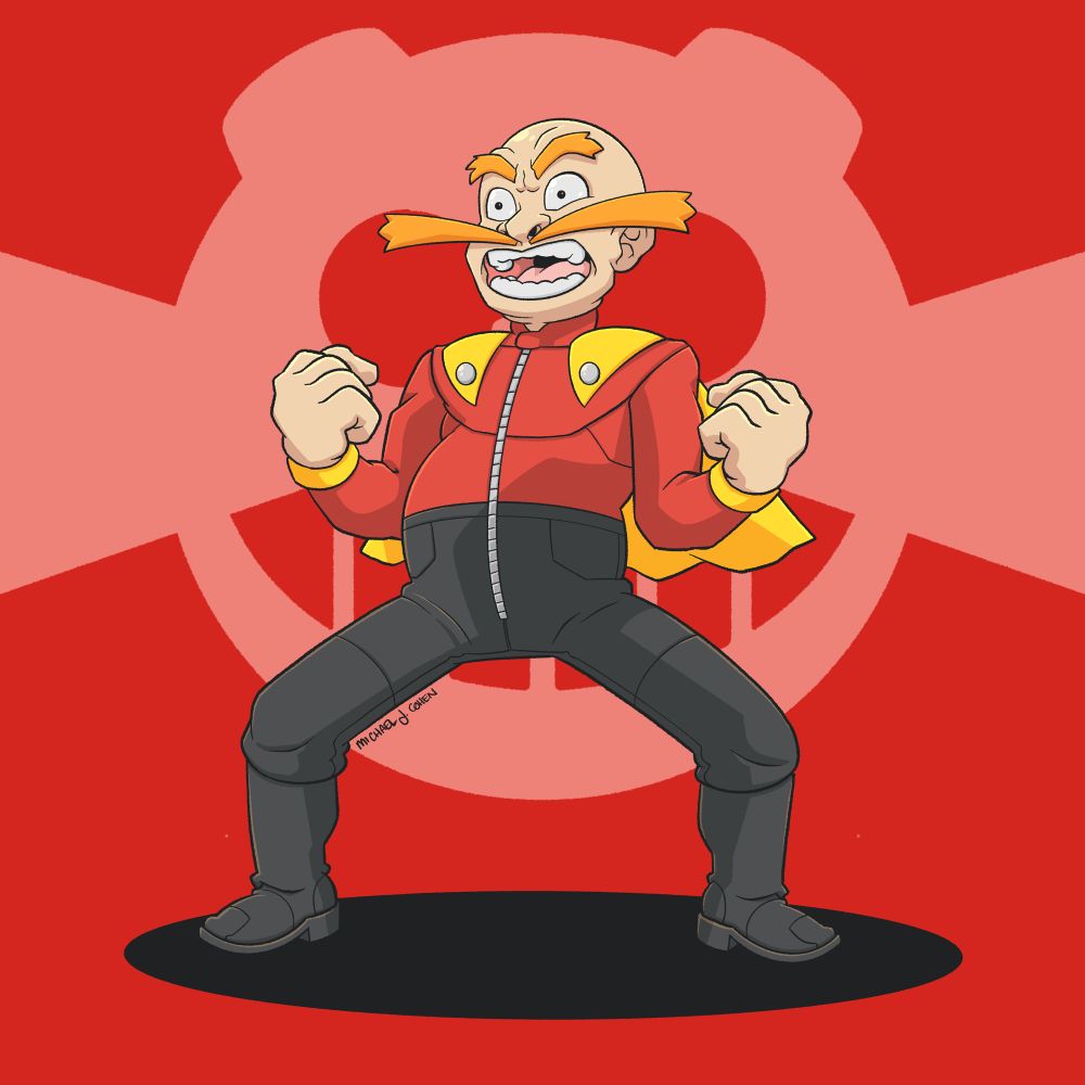A bald man with a large orange moustache laughs maniacally against a red background.