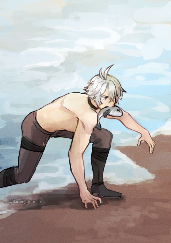 shirtless Phainon coming out of the ocean with a fish in his mouth