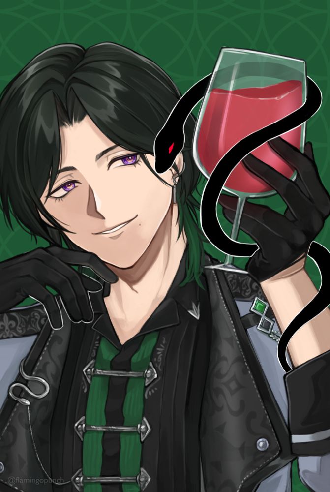 Nijisanji EN Vtuber Zeal Ginjoka holding a glass of red wine with a snake wrapping around the glass