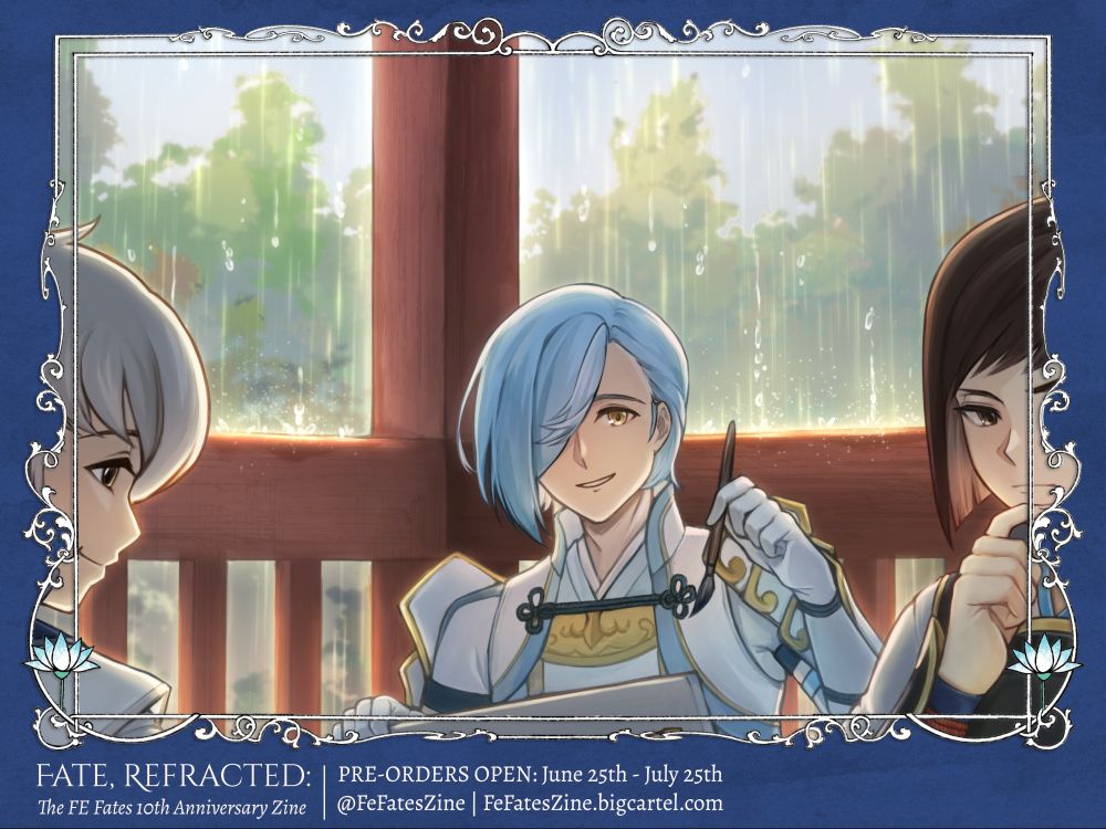 preview of my artwork for the FE Fates 10th anniversary, featuring Shigure in the center, and Kiragi on the left and Hisame on the right