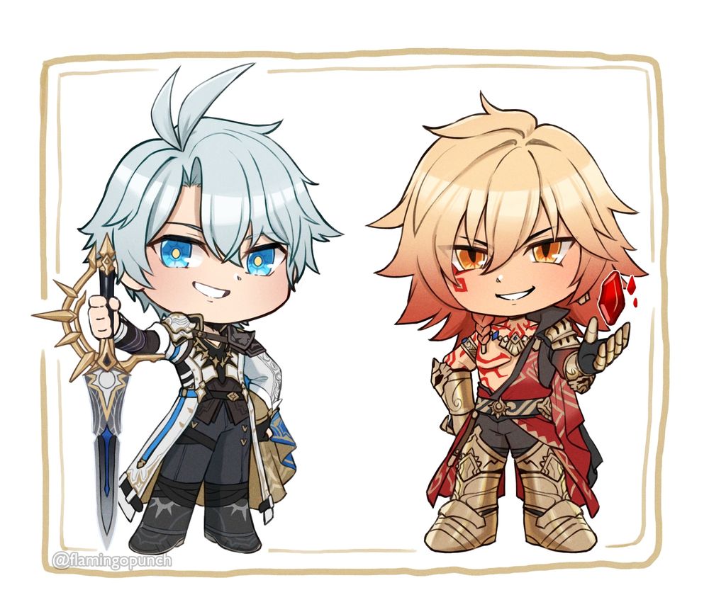 chibi artworks of Phainon (on the left side) with his sword Dawn Breaker and Mydei (on the right side) holding a red crystal