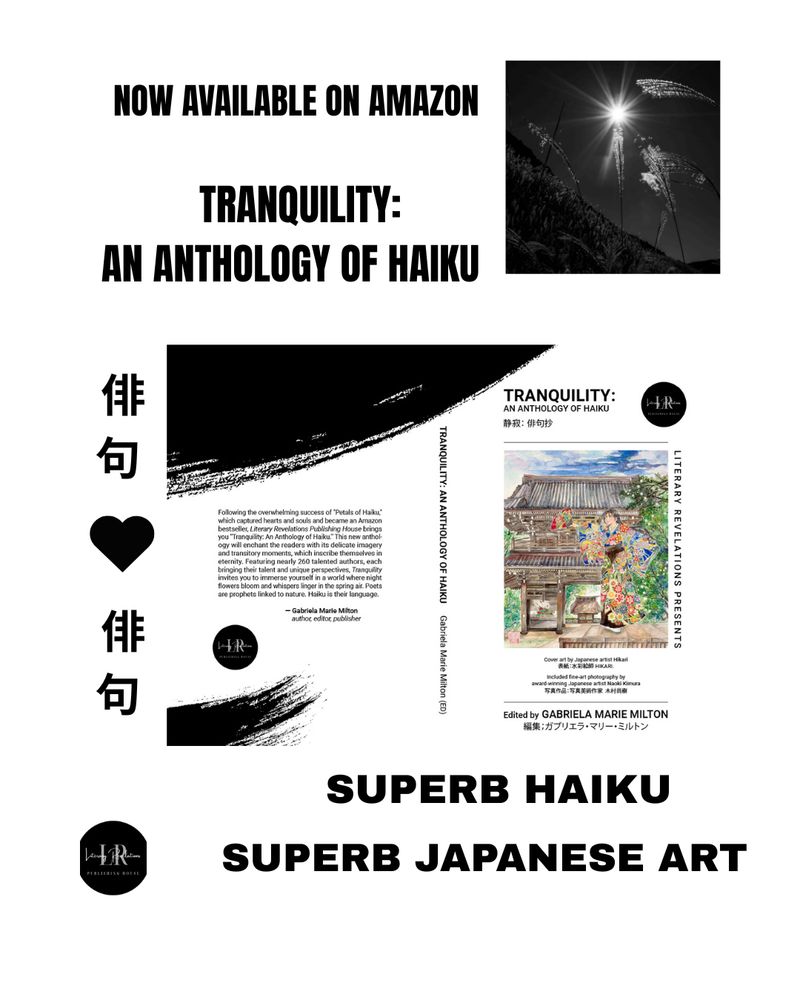 The front cover of ‘Tranquility: An Anthology if Haiku. It includes a colourful piece of Japanese art.
