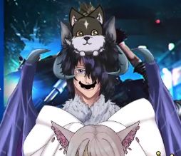 A picture of my 2d model with a small wolf sitting on top of my head, with a slight smile on his face