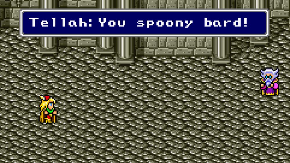 A screenshot of Final Fantasy IV with Tellah and Edward. Tellah is saying "You spoony bard!"