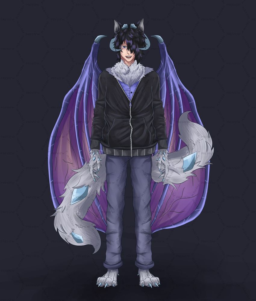 The full humanoid design of my model as a 2d dragon-wolf 