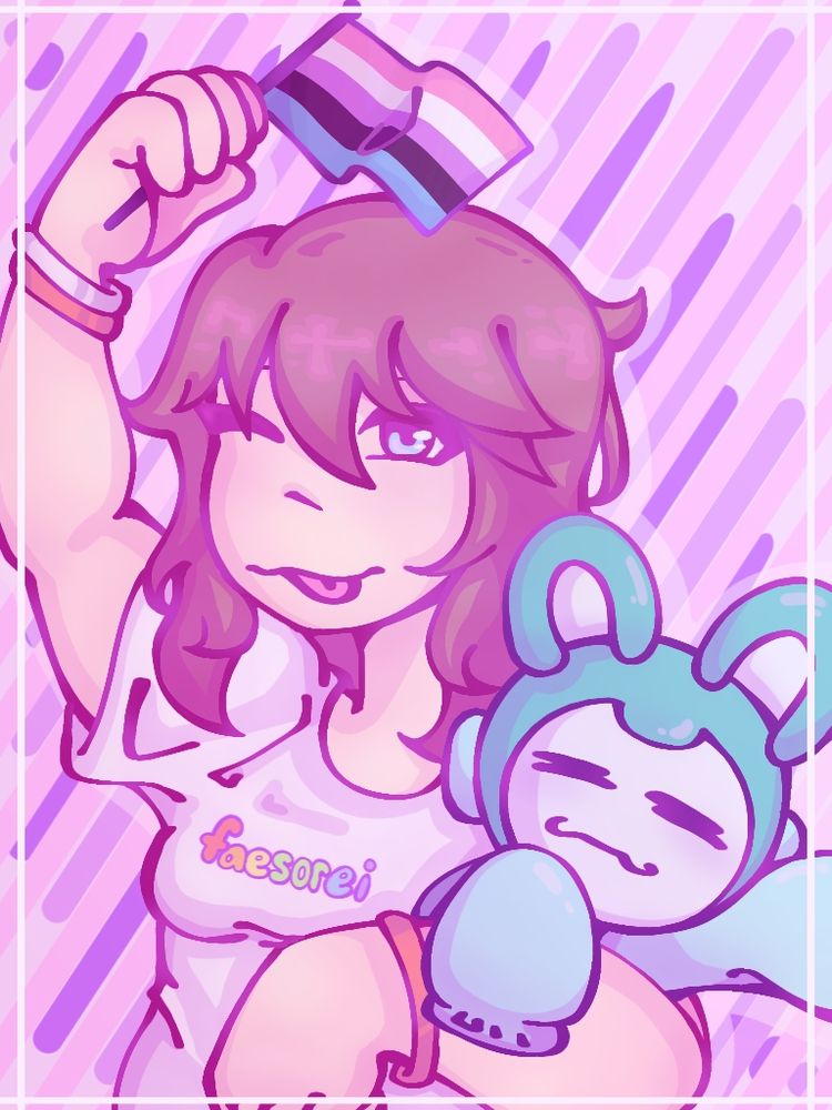 digital drawing i made of myself and teezr's mascot teewi! im seen holding up a small genderfluid flag and teewi in my other arm waving. im wearing a white shirt with a design that says "faesorei", my username, as a cartoony rainbow logo. like most of my recent designs, this drawing generally has a purple and pink color scheme.
