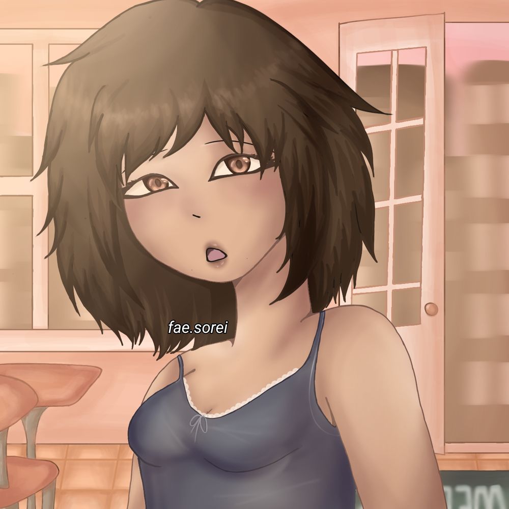Artwork I made about a year ago, it has a brown haired girl in a tank top in a cafe sort of building. It doesn't look great since I d on't make backgrounds often. Also the watermark is very slightly different but I no longer use the period in the middle of my username so oops