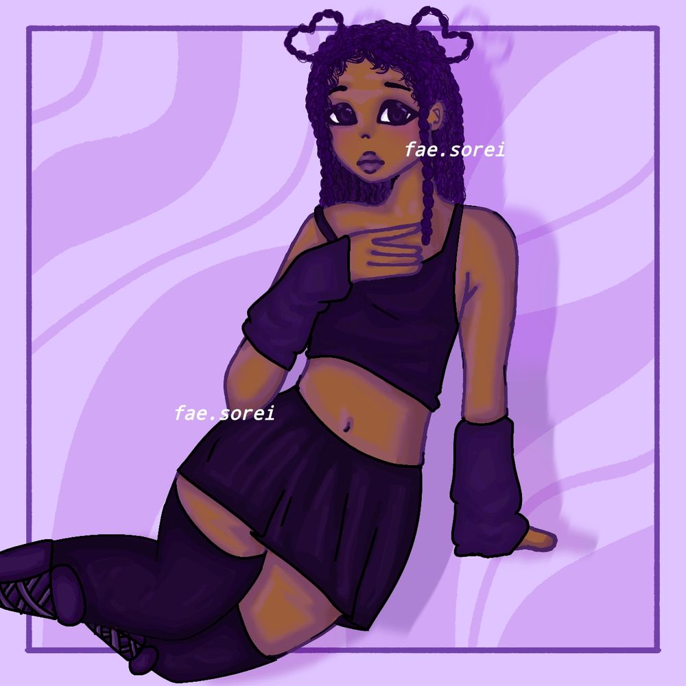 Drawing I made of a black girl with braids, 2 braids at the top in the shape of hearts! Lots of purple in this photo