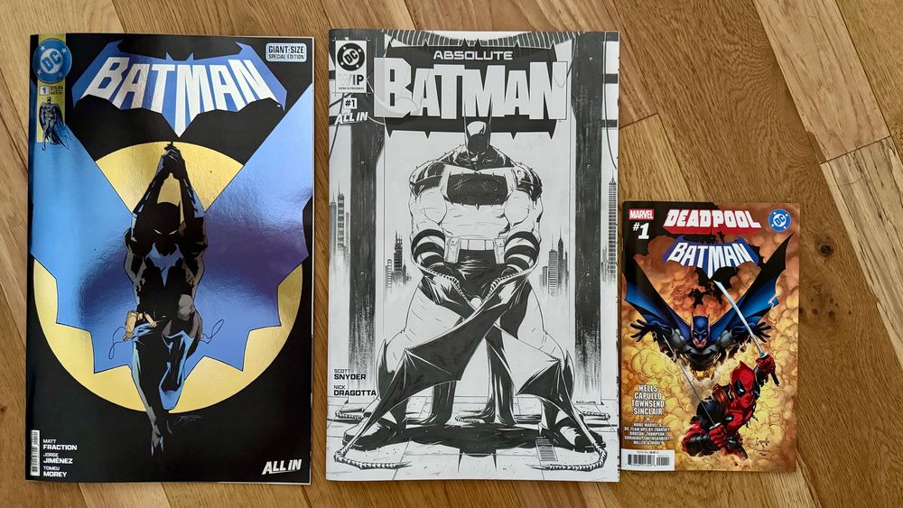 Giant Size Batman #1, WIP Absolute Batman #1, and Deadpool/Batman