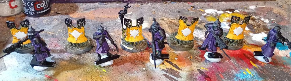 5 fusiliers in purple cloaks with their yellow & white shields