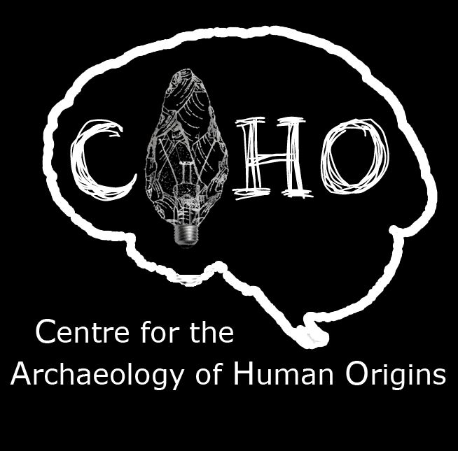 Logo of the Centre for the Archaeology of Human Origins: a handaxe with  a glowing lightbulb inside the outline of a hominin brain