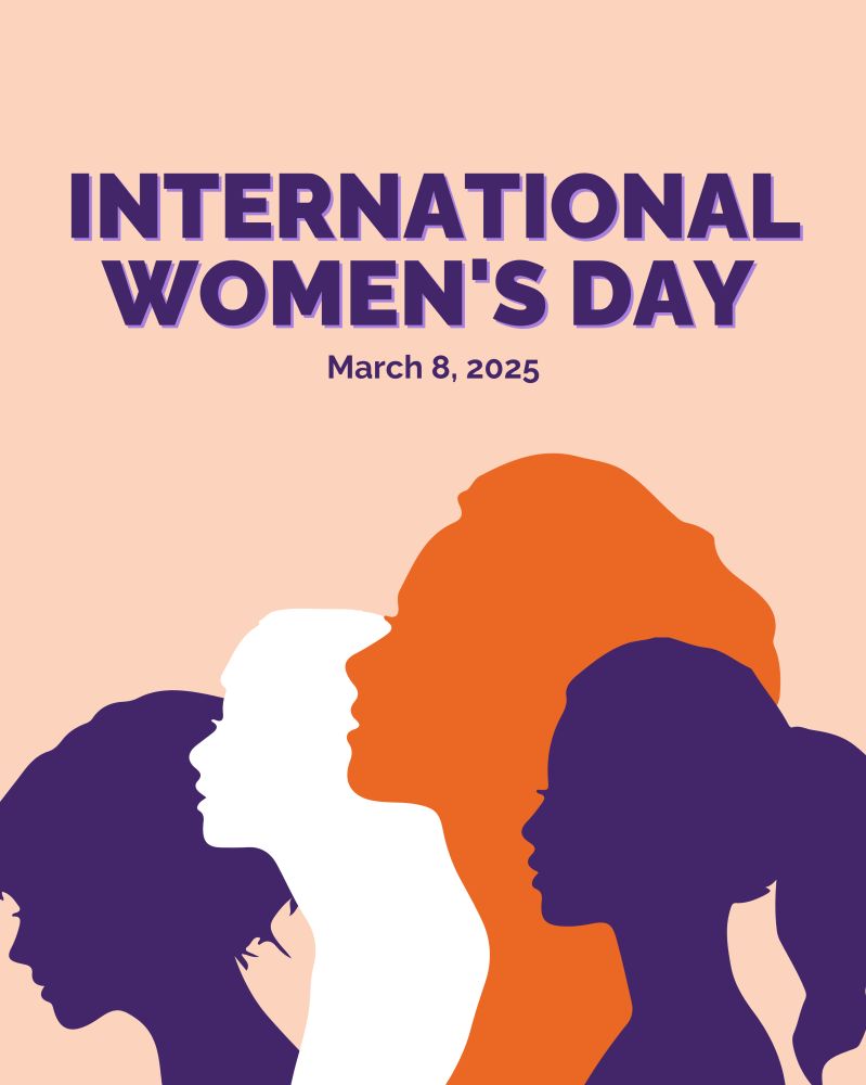 International women's day, March 8, 2025. Silhouettes of 4 women in TSWGO colors.