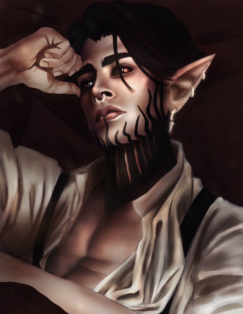A moody digital portrait of my D&D character, a male elf Warlock named Caelum, as he lies in bed looking contemplative, stressed, and tired. He is wearing a white collared shirt, open at the front, with black suspenders. He has medium length black hair, one blue and one bloodshot red eye, a collar tattoo that look like a black flame around his neck and up his jaw, a septum piercing, and several ear piercings. He rests one hand gently against his brow as he stares into the middle distance.