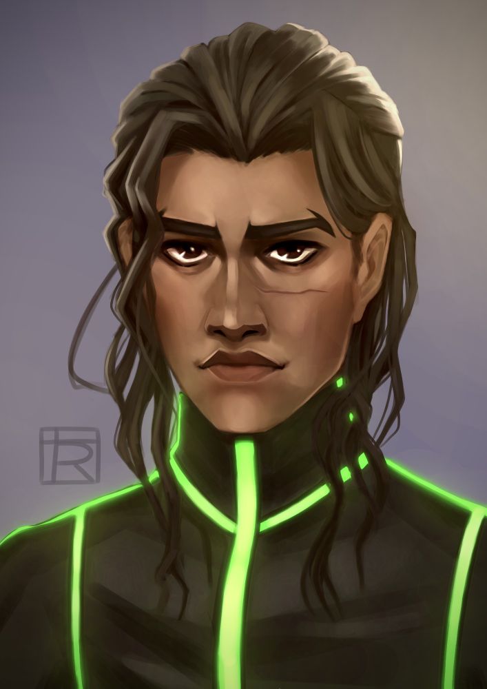 Digitally painted portrait of an OC. He of Latinx descent, with light brown skin and dark brown hair and eyes. His hair is long, parted down the middle and pulled back with several long tendrils falling around his face and tucked behind one ear. He wears a brooding, somewhat irritable expression. He has a scar that runs horizontally across his left cheek. He wears a high-necked shirt with glowing green strips that run down the center, around the neck, along his shoulders, and down the sides of the chest.