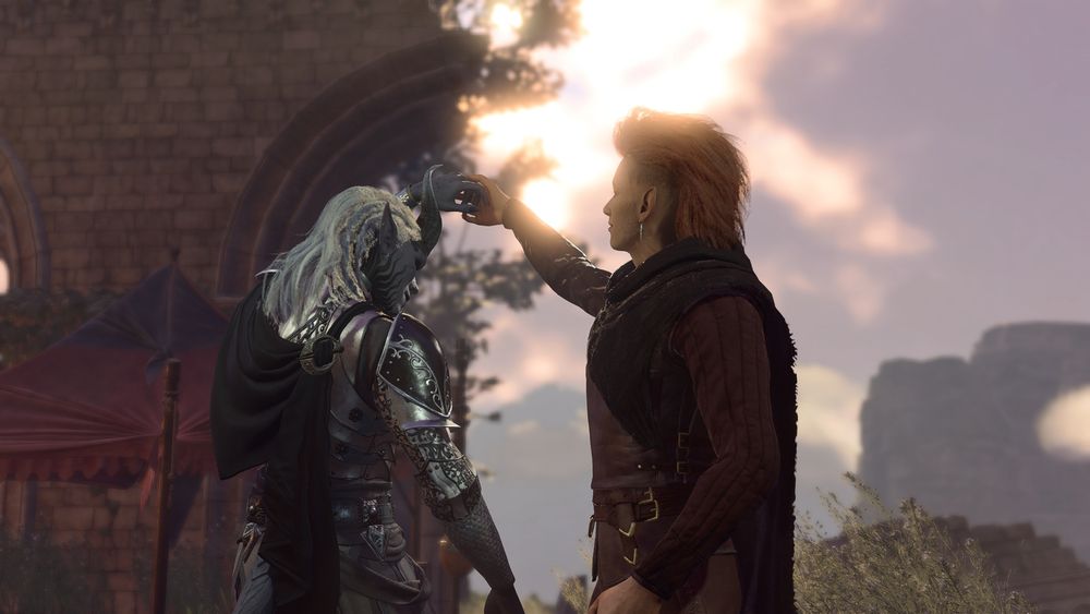 Mandi and Felix's OCs, Mikki (the ranger half-elf in brown) and Rhis (the tiefling Paladin in silver) dance together in the sunset.
