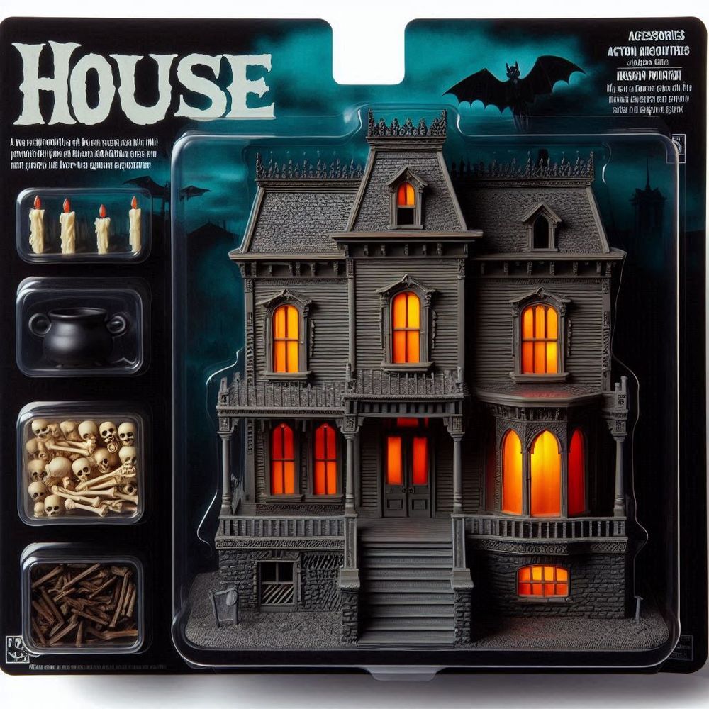 An action figure of a haunted Victorian house with shadowed windows and orange glow in the basement windows. House figurine should be facing in slight profile from the package. The package should have a header with the text "HOUSE" in large letters. The accessories in compartments next to the figure are a large pile of bones, half melted black candles, and cauldron
