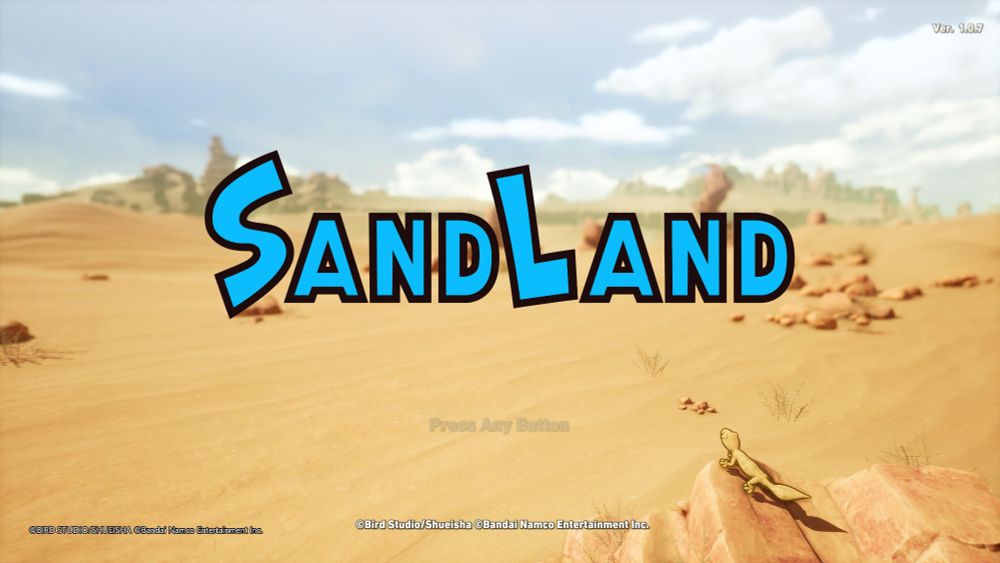 Intro title to the the game SandLand. In a desert with a blue sky and white clouds.